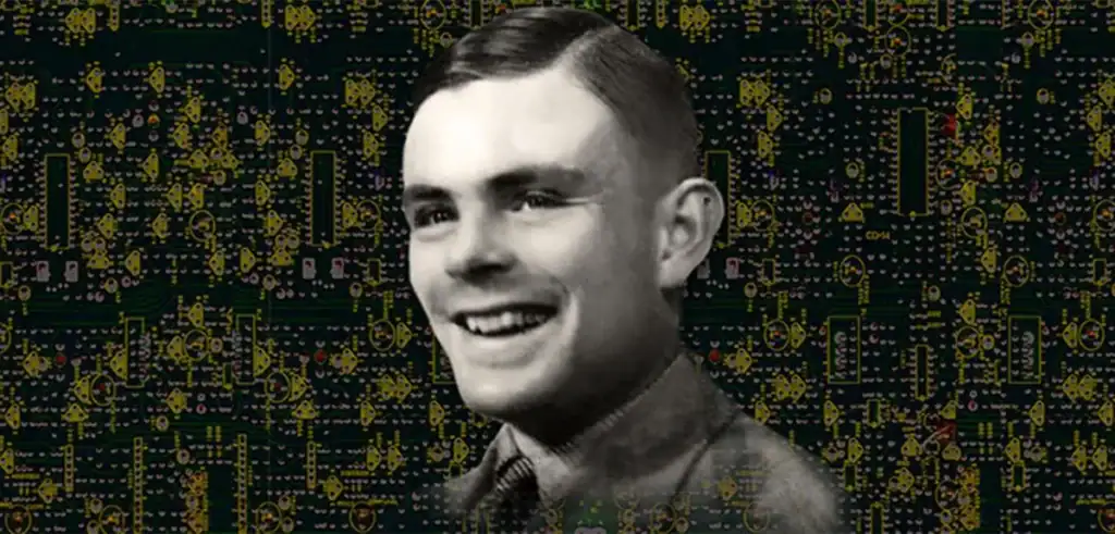 Retrato de um jovem homem com cabelo curto e sorriso, fundo com padrão de circuitos eletrónicos em cores verdes e amarelas.