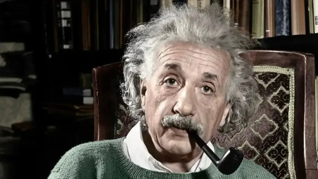Retrato de Albert Einstein com cabelo grisalho, usando suéter verde, sentado em cadeira de madeira com livros ao fundo, segurando cachimbo na boca.