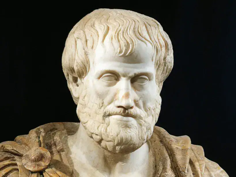 Escultura de mármore de Aristóteles, filósofo grego antigo, com barba e cabelo ondulado, vestindo túnica.