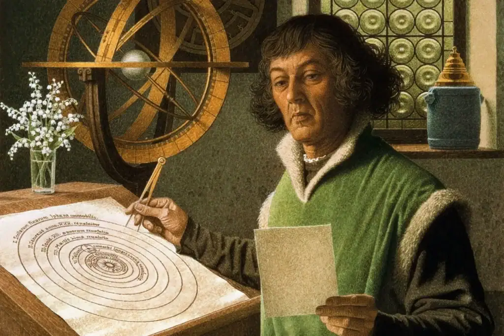 Mulher com cabelo encaracolado a analisar um mapa astronómico em um ambiente de laboratório antigo, com instrumentos científicos e um relógio grande ao fundo.