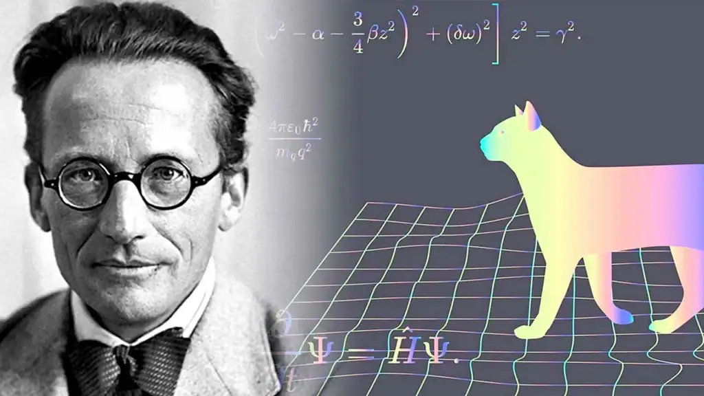 Retrato de um físico com óculos, ao lado de equações matemáticas e um gráfico tridimensional de uma figura de cão com cores do arco-íris.