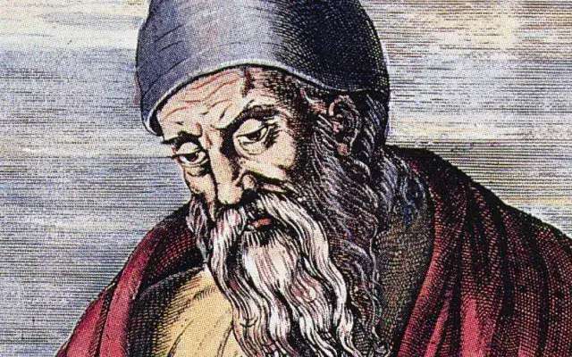 Ilustração de um cientista antigo com barba longa, chapéu de tecido escuro e expressão pensativa, com fundo de linhas horizontais cinzentas.