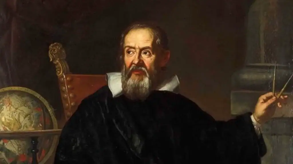 Pintura de um homem com barba, vestindo roupas antigas, sentado numa cadeira de madeira, segurando um pincel ou instrumento científico, com fundo escuro e detalhes de livros e instrumentos ao lado.