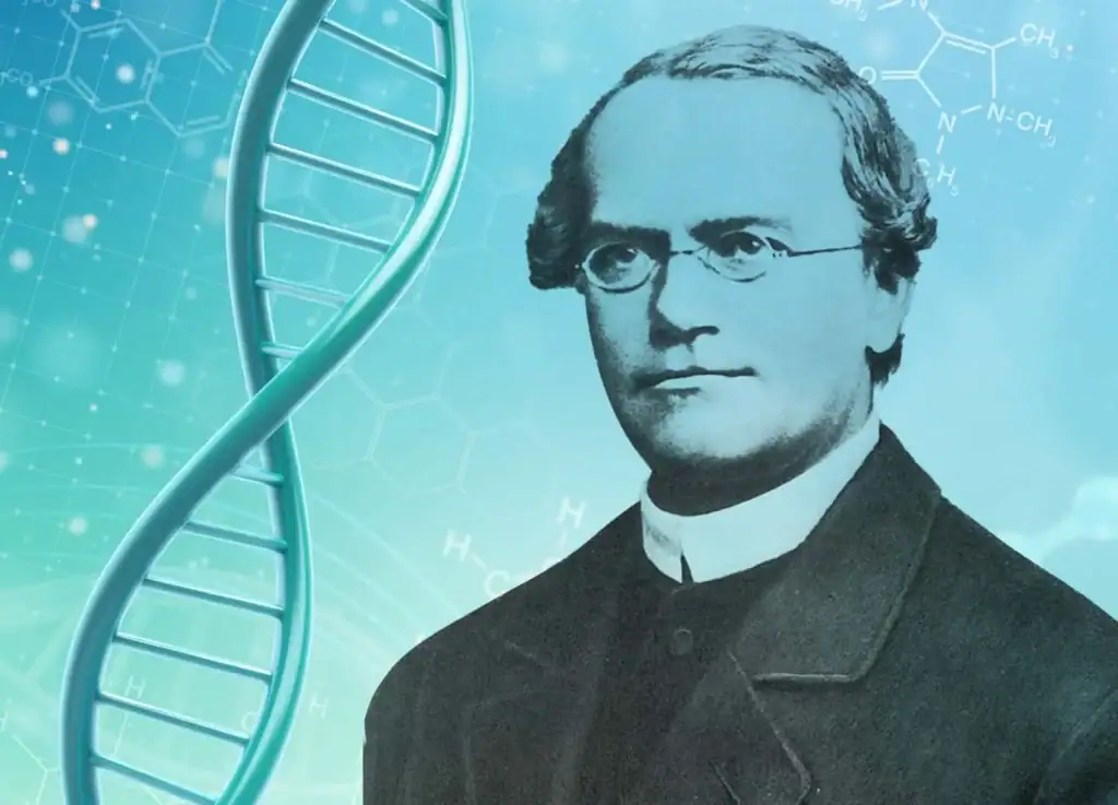Retrato de Gregor Mendel com fundo de DNA e fórmulas químicas, destacando sua contribuição à genética.