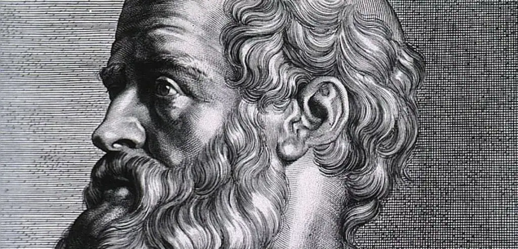 Detalhe de um retrato clássico de um filósofo grego com barba e cabelo ondulado, olhando para a esquerda, em estilo de gravura antiga.
