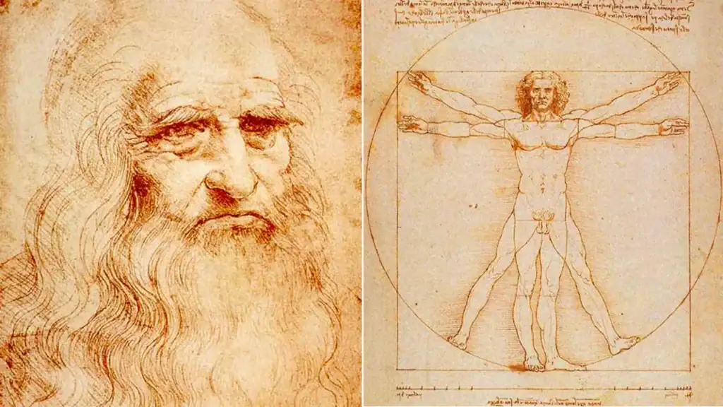 Esboço de Leonardo da Vinci com seu retrato e o desenho do Homem Vitruviano, mostrando detalhes do rosto e do corpo humano em esboço.