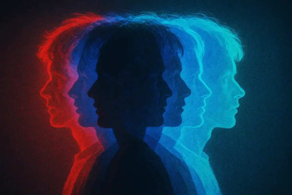Várias silhuetas de perfil de uma pessoa, com cores diferentes de luzes neon: vermelho, azul e ciano, criando um efeito de movimento e profundidade.