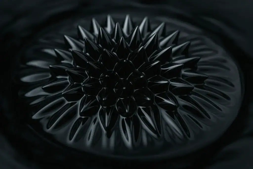 Imagem de uma pinha em metal negro brilhante, utilizada como decoração científica ou objeto de coleção, com um design moderno e elegante.