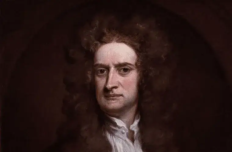 Retrato de um homem com cabelo longo e encaracolado, vestindo roupa de época, com expressão séria, em fundo escuro.