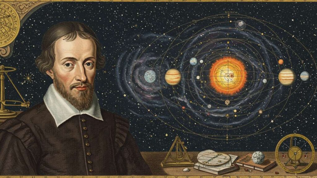 Retrato de Nicolau Copérnico ao lado de um modelo do sistema heliocêntrico, com representação do Sol e planetas em órbita, fundo estrelado.