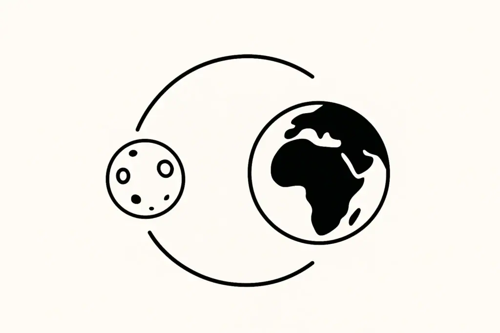 Pictograma ilustrando a conexão entre a lua e a Terra, simbolizando a astronomia e a ciência espacial.
