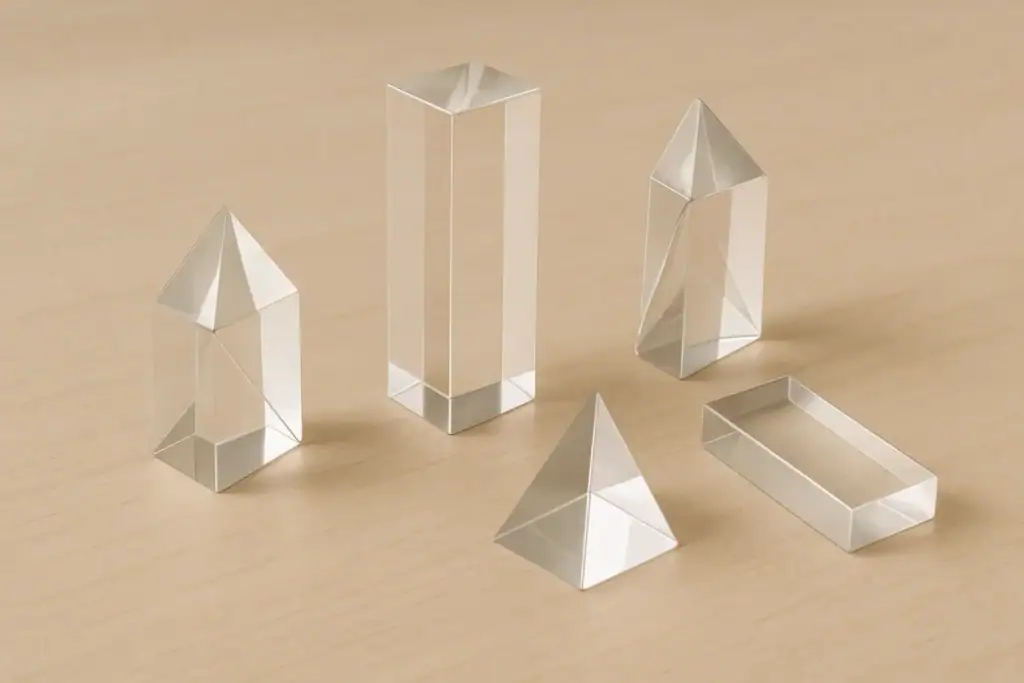 Objetos decorativos em forma de pirâmide, cubo, e prisma em acrílico claro.