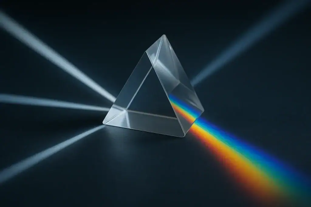 Pirâmide em vidro transparente dispersando a luz branca em um espectro colorido, ilustrando a refração e a dispersão da luz.