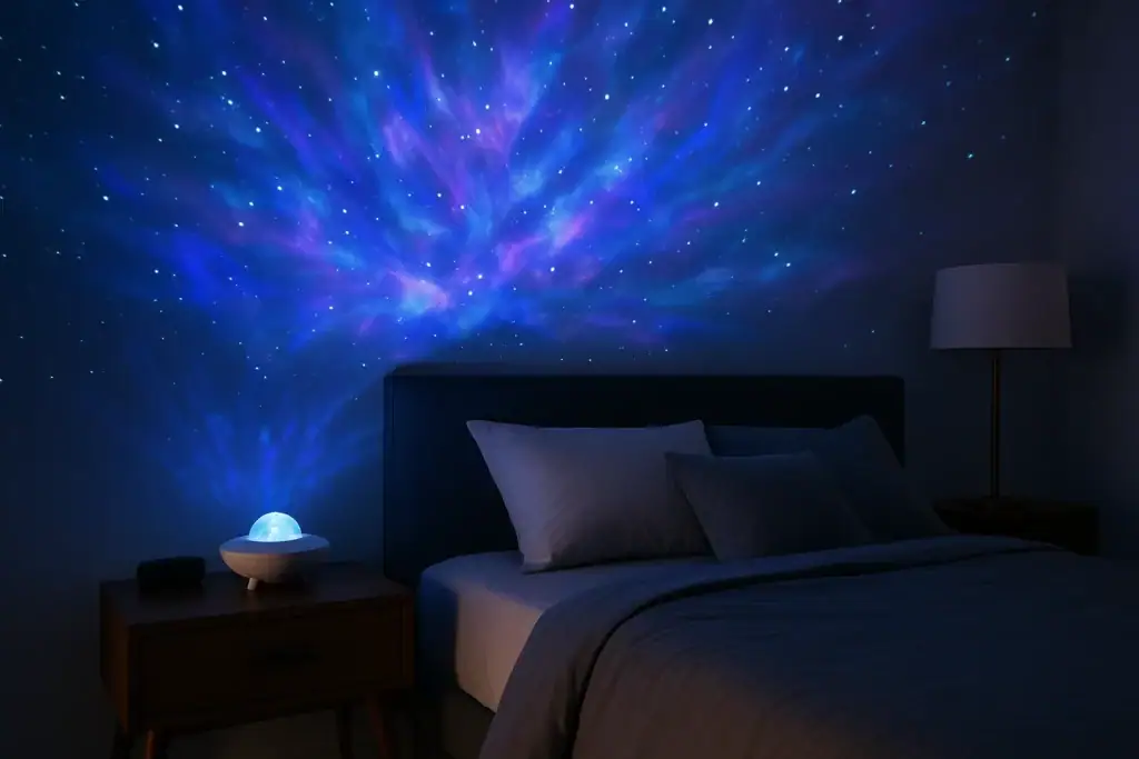 Projeção de uma nebulosa estelar na parede do quarto, criando uma atmosfera relaxante e cósmica. Ideal para uma decoração científica ou para uma atmosfera apaziguadora.