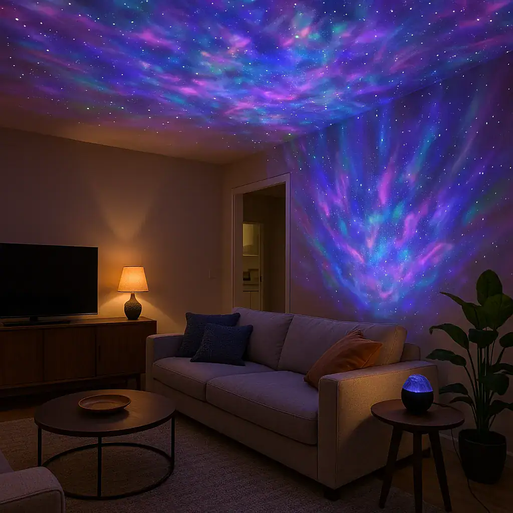 Projeção de estrelas coloridas no teto e na parede da sala, criando uma atmosfera relaxante e mágica com uma iluminação ambiente.