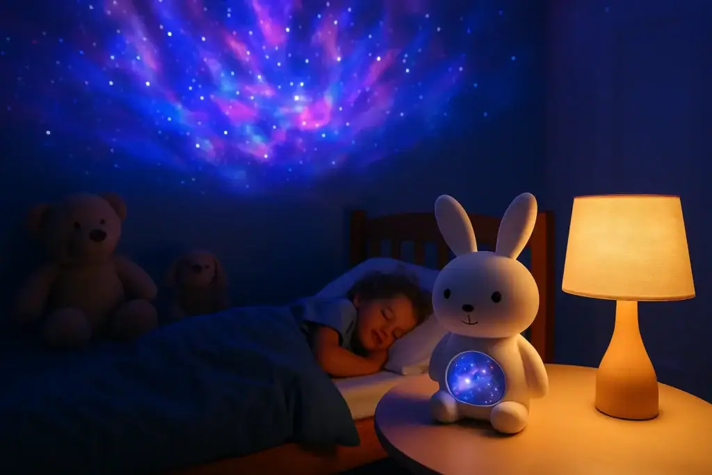 Coelho luminoso com projeção de estrelas para quarto de criança.