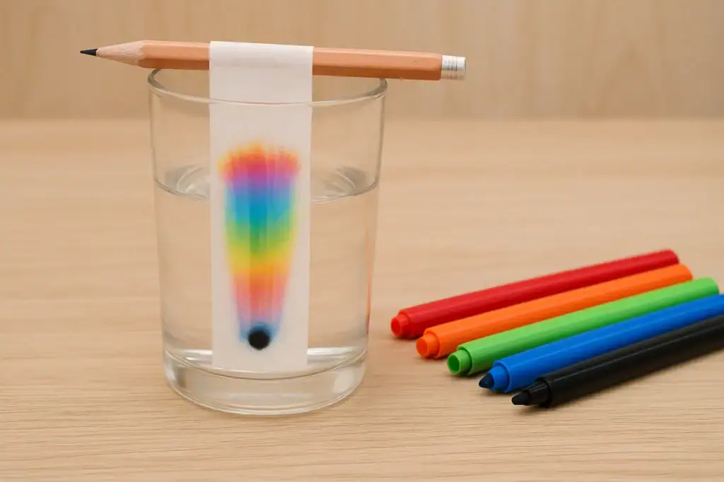 Pincel com um pedaço de papel mostrando um gradiente de cores num copo de água, acompanhado de vários marcadores coloridos ao lado.