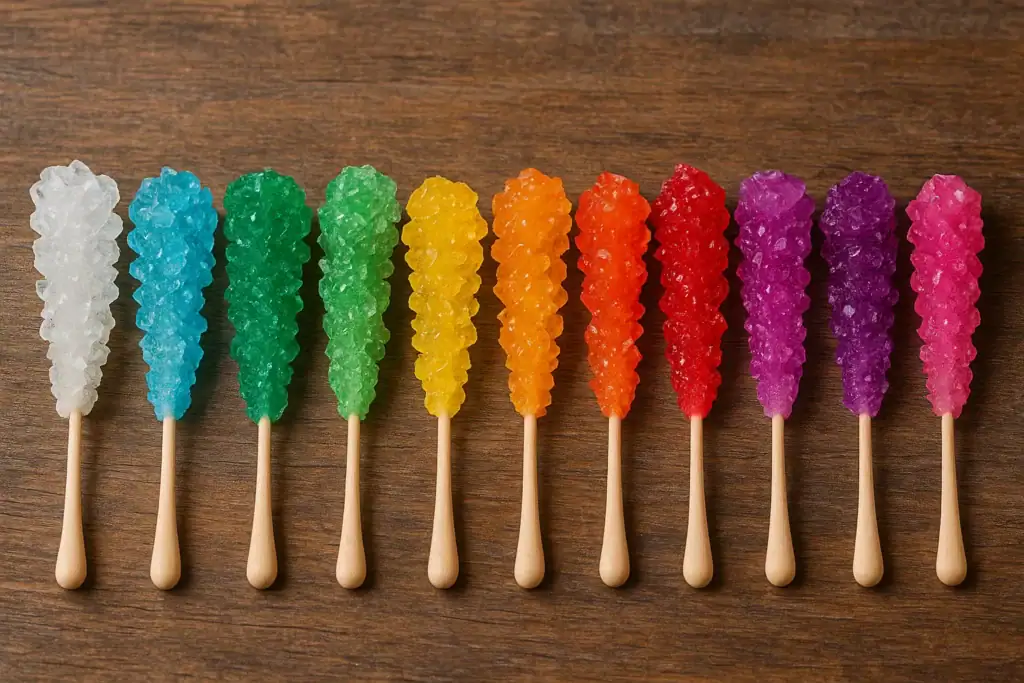 Conjunto de palitos de açúcar em várias cores, dispostos em linha sobre uma superfície de madeira, cada um com uma ponta de pau de madeira.