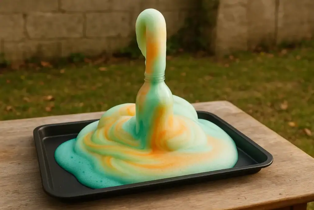 Líquido colorido com espuma formando uma estrutura semelhante a uma torre, com cores verdes, amarelas e laranjas, sobre uma bandeja preta em ambiente externo.