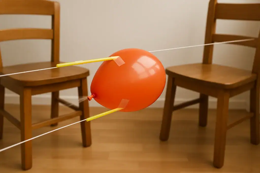 Balão laranja preso por palitos de fósforo, com fios de nylon, entre duas cadeiras de madeira.