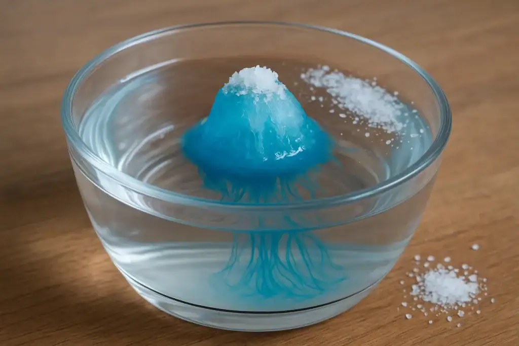 Montagem de uma experiência científica com líquido azul, sal e água numa tigela de vidro, com sal espalhado ao redor.
