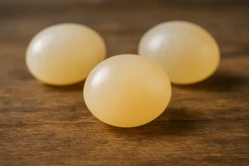 Três ovos de codorna de cor clara, com superfície lisa, colocados sobre uma superfície de madeira.