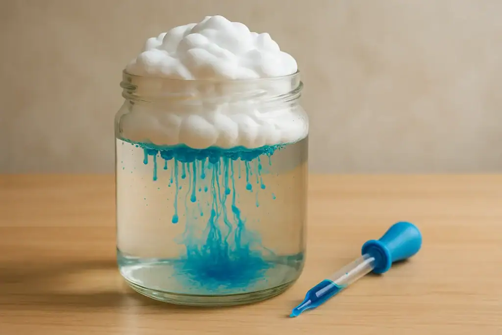 Espuma branca de sabão num frasco de vidro com líquido azul a escorrer, acompanhado de uma pipeta azul, sobre uma superfície de madeira clara.