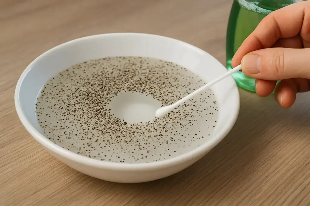 Mão a segurar um cotonete a mexer uma mistura de água e sementes de chia numa tigela branca, com uma garrafa de água verde ao lado.