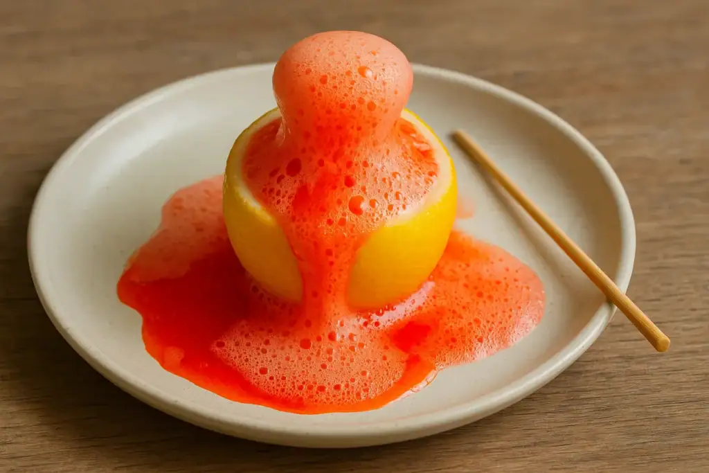 Ovo de plástico amarelo com espuma de cor laranja a sair, colocado numa placa branca com um palito ao lado.