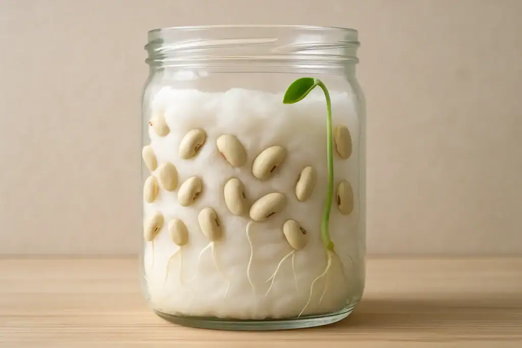 Broto de feijão num frasco com algodão, sementes e jovem rebento verde, ilustrando a germinação e o crescimento vegetal.