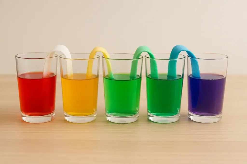 Cinco copos transparentes com líquidos de cores diferentes: vermelho, amarelo, verde, azul e roxo, com tubos de ensaio verticais a inserir nos copos.